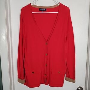 Jones New York Women's M Red Cardigan V-neck Sweater Tan Cuff Gold Button Pocket